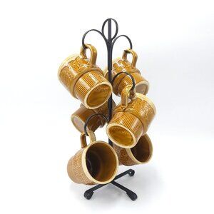 Mug Tree -6 Mugs-Honey Brown Drip Glaze-Stoneware-Made in Japan- 1970s-MCM